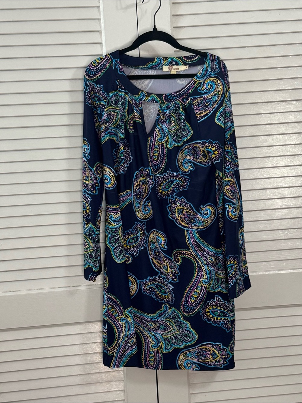 Aryeh Navy Paisley Long Sleeve Keyhole Dress
